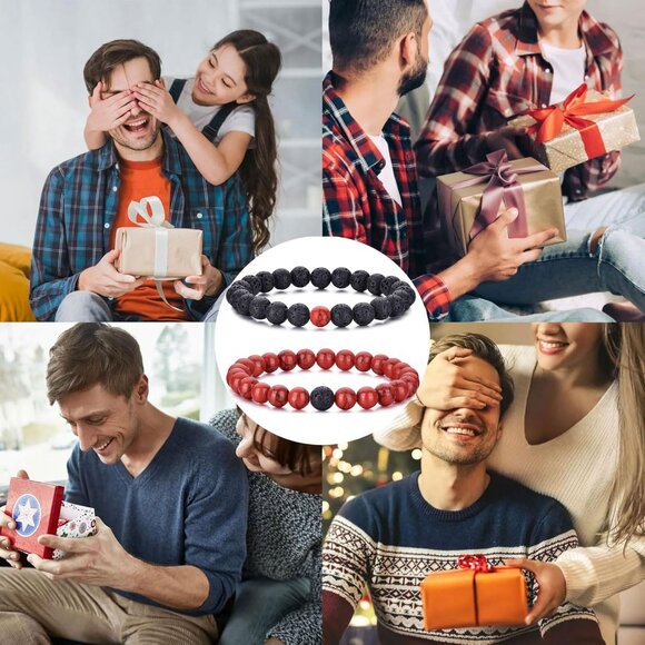 ⚡Rankeef Men 2 Red Black Tiger Eye 8MM Natural Stone Crystal Beaded Bracelet - Picture 6 of 8